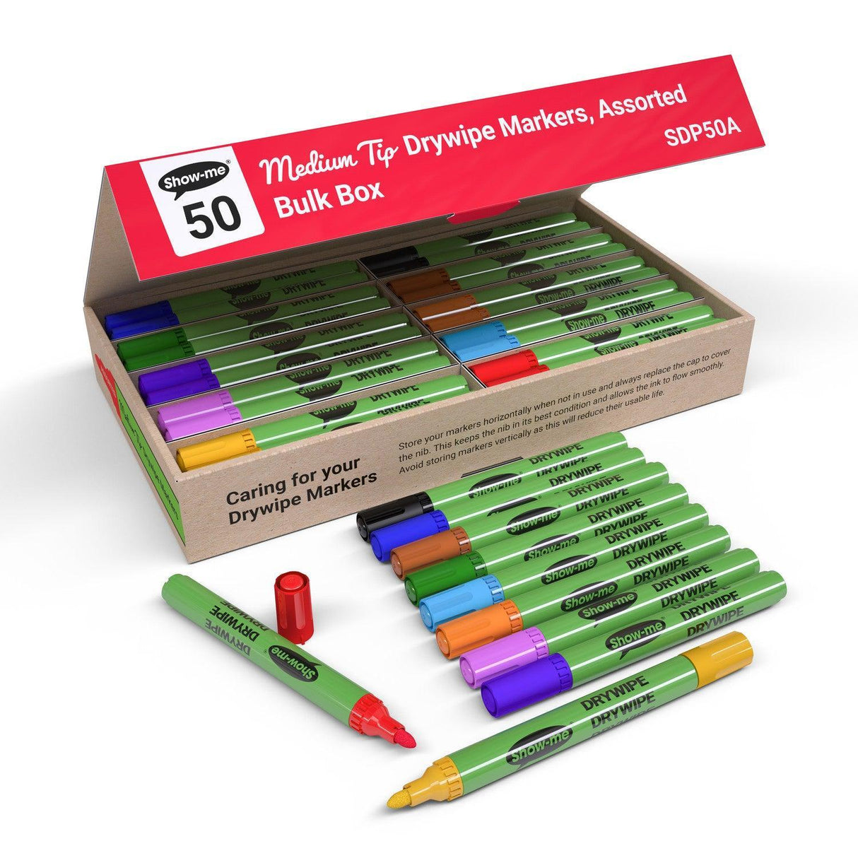 Show-me - Drywipe Markers - Medium Tip - Slim Barrel - Assorted Colours - Box of 50 by Show-me on Schoolbooks.ie