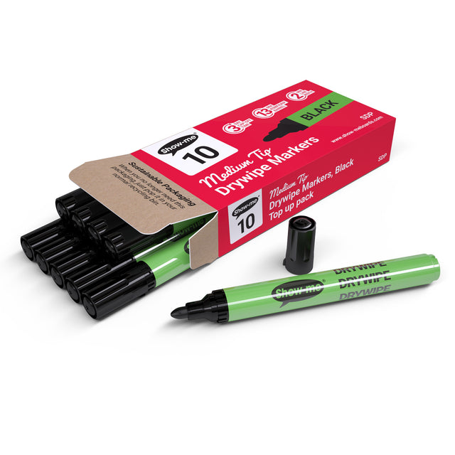 Show-me - Drywipe Markers - Medium Tip - Slim Barrel - Black - Box of 10 by Show-me on Schoolbooks.ie