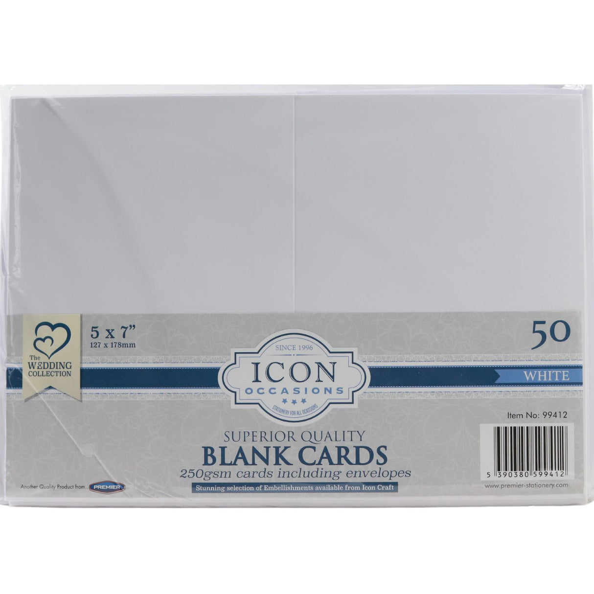 Icon - Cards & Envelopes - 250gsm - 5"x7" - White - Pack of 50 by Icon on Schoolbooks.ie