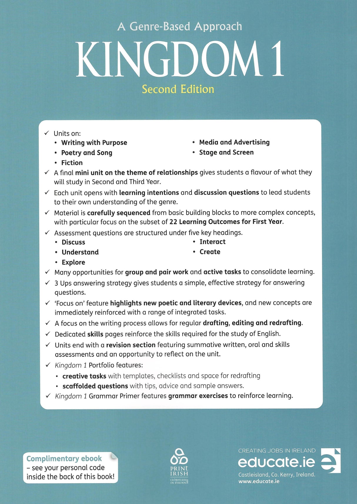 Kingdom 1 - Junior Cycle English - Textbook & Combined Portfolio & Grammar Primer Book Set - 2nd / New Edition (2024) by Educate.ie on Schoolbooks.ie