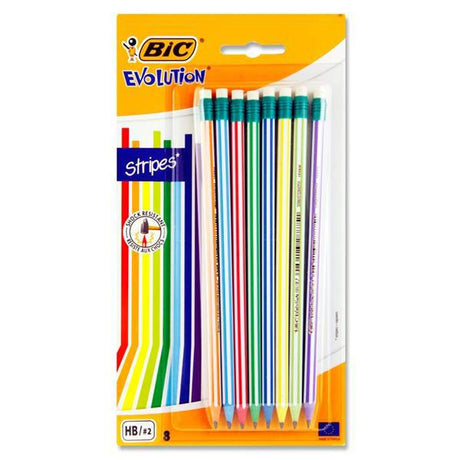 BIC - Card 8 Asst Evolution Pencils & Erasers HB - Stripes by BIC on Schoolbooks.ie