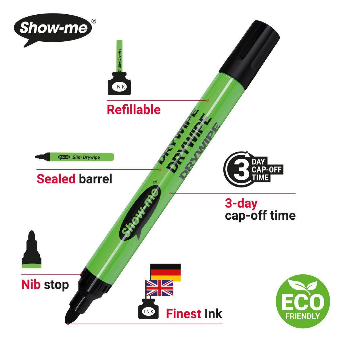 Show-me - Drywipe Markers - Medium Tip - Slim Barrel - Assorted Colours - Box of 50 by Show-me on Schoolbooks.ie
