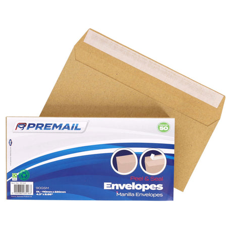 Premail - Peel & Seal Envelopes - DL - Manilla - Pack of 50 by Premail on Schoolbooks.ie