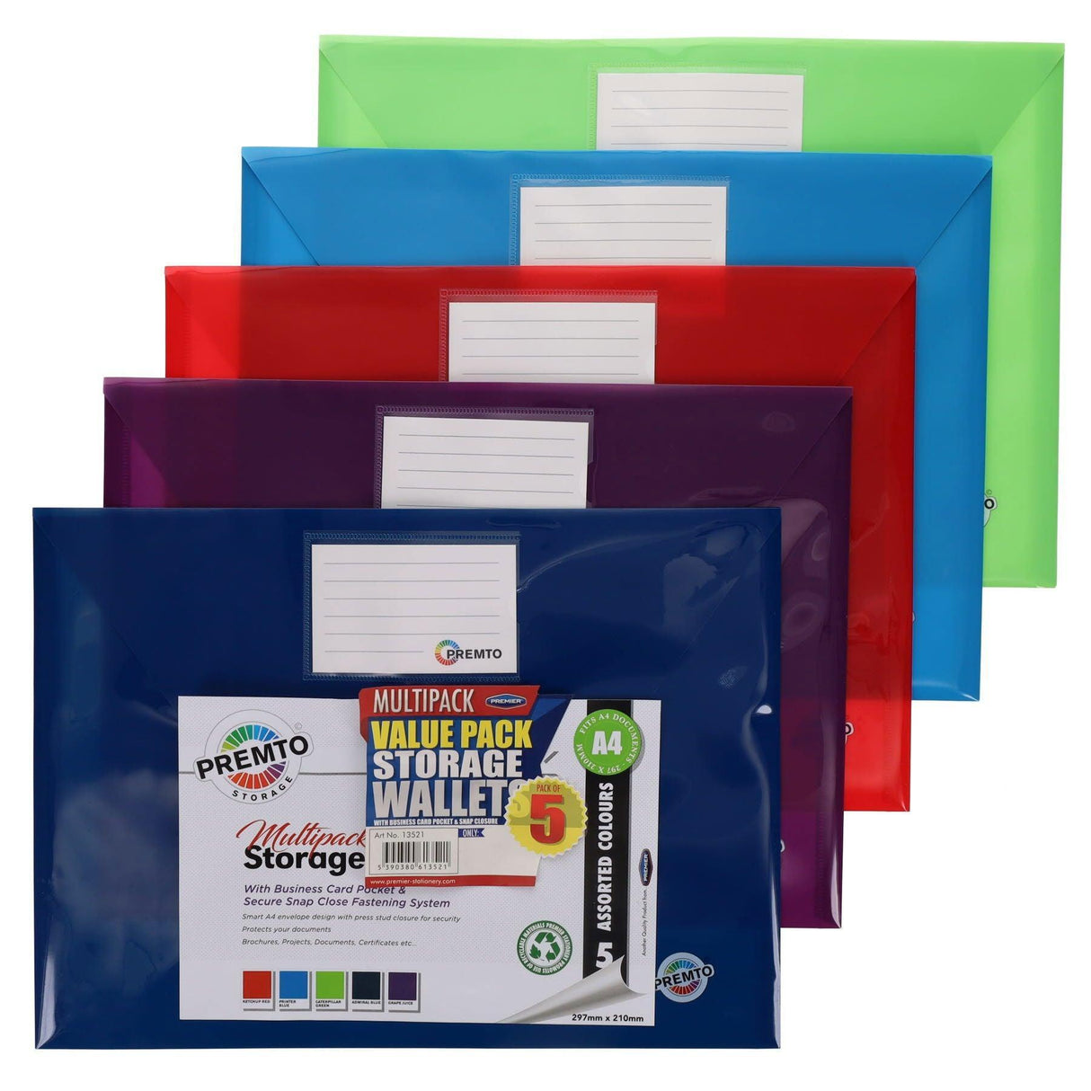 Premto - Button Document Wallets - A4 - Pack of 5 by Premto on Schoolbooks.ie