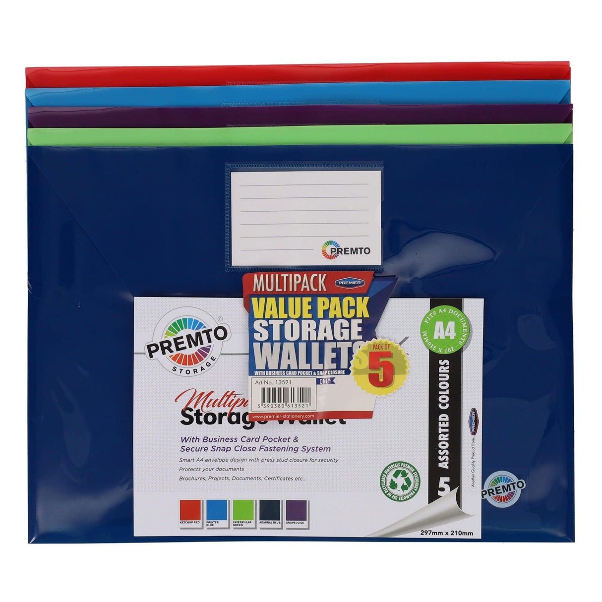 Premto - Button Document Wallets - A4 - Pack of 5 by Premto on Schoolbooks.ie