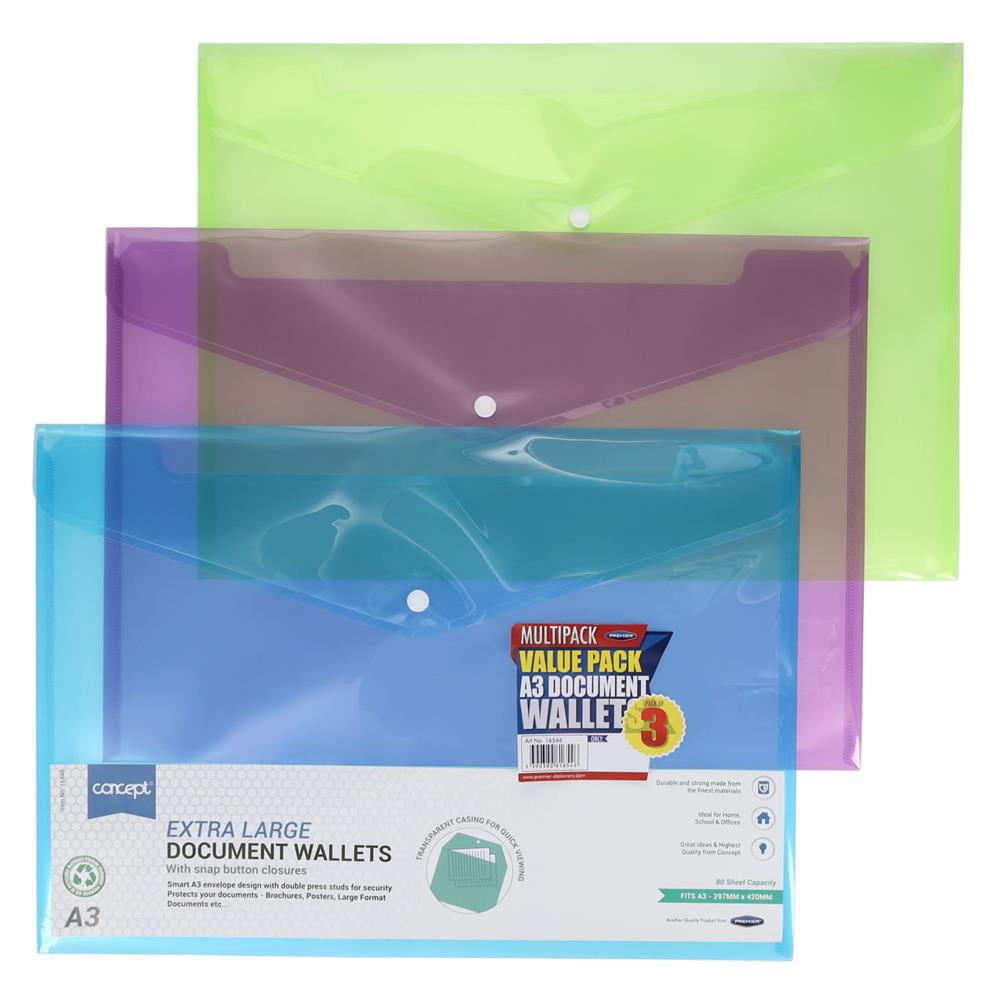 Concept - Button Document Wallets - A3 - Pack of 3 by Concept on Schoolbooks.ie