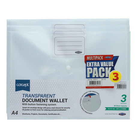 Concept - A4 Button Wallet - Pack of 3 by Concept on Schoolbooks.ie