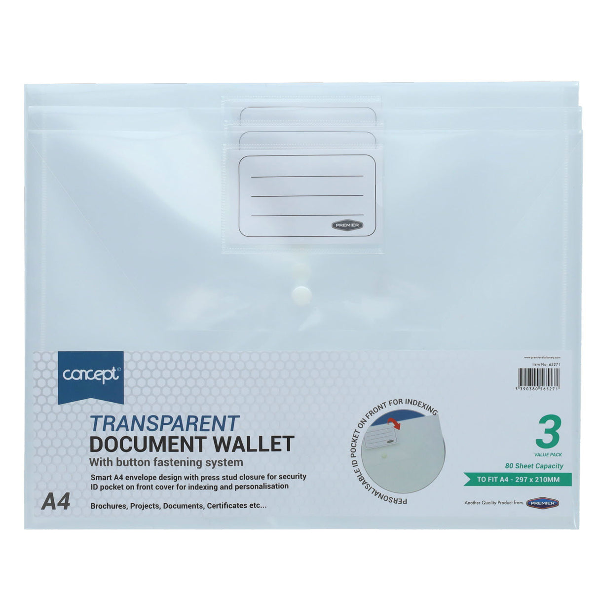 Concept - A4 Button Wallet - Pack of 3 by Concept on Schoolbooks.ie