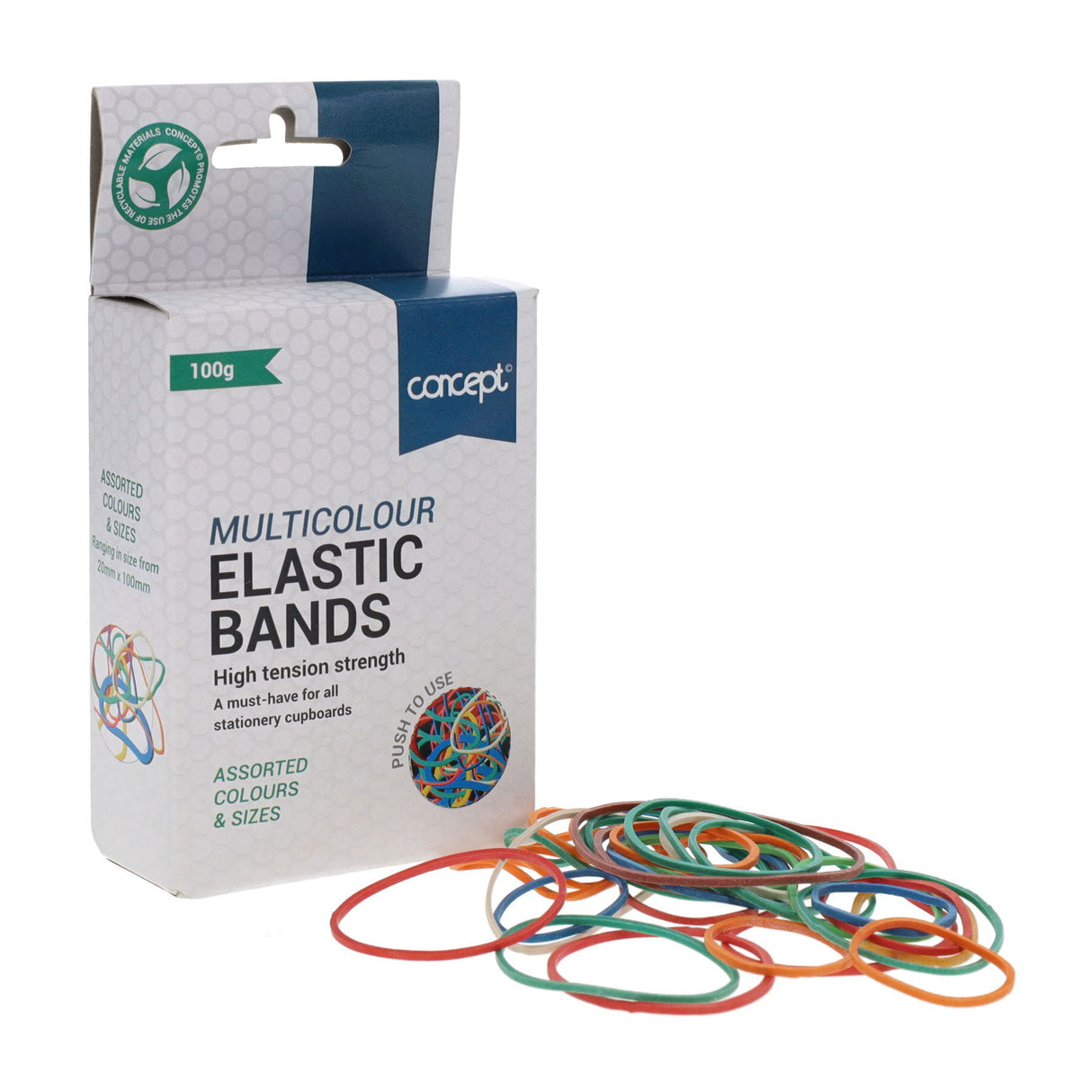Concept - Rubber Bands - Assorted Sizes - Multicolour - 100g Box by Concept on Schoolbooks.ie