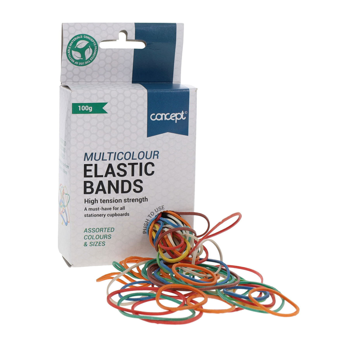 Concept - Rubber Bands - Assorted Sizes - Multicolour - 100g Box by Concept on Schoolbooks.ie