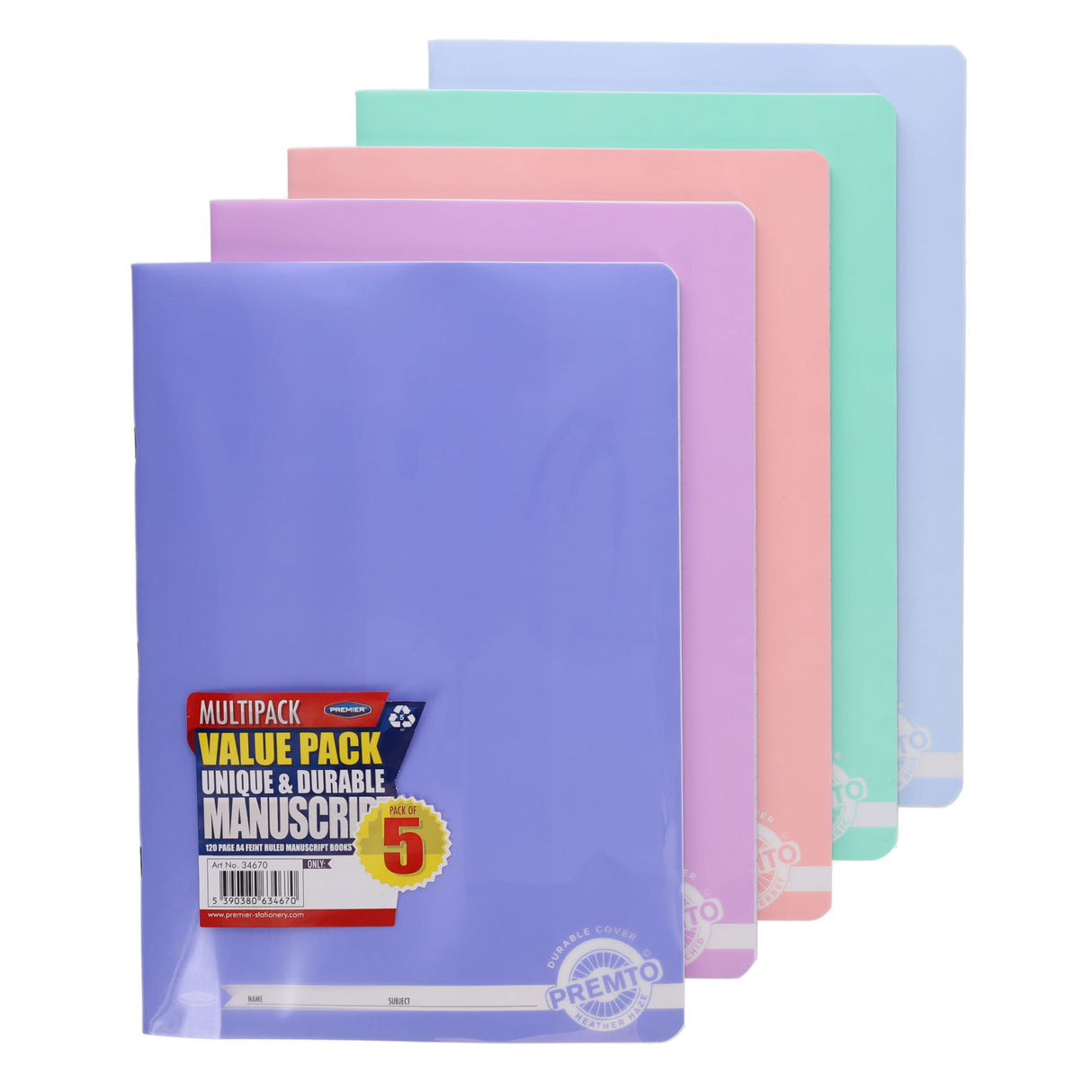 Premto - Manuscript Book - Durable Cover - A4 - 120 page - Pack of 5 by Premto on Schoolbooks.ie