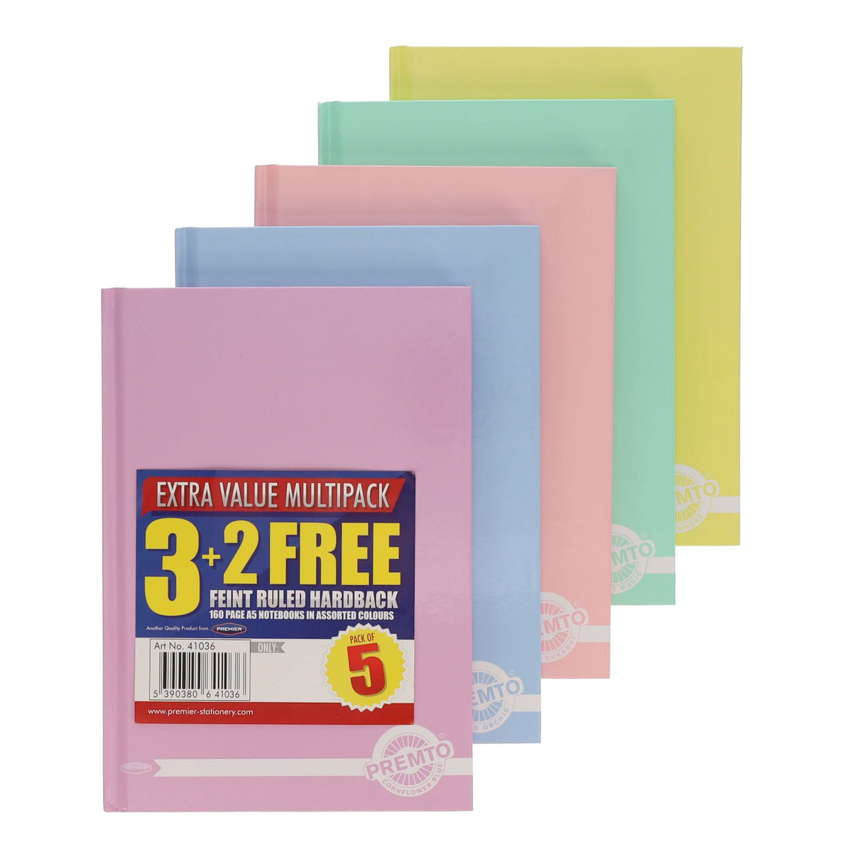 Premto - A5 160 Page Assorted Pastel Hardcover Notebooks - Pack of 3 + 2 Free by Premto on Schoolbooks.ie