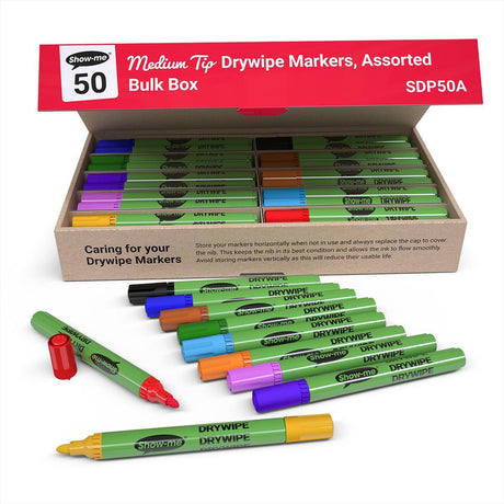 Show-me - Drywipe Markers - Medium Tip - Slim Barrel - Assorted Colours - Box of 50 by Show-me on Schoolbooks.ie