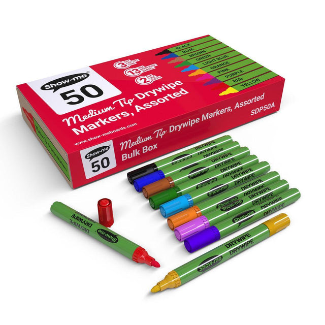 Show-me - Drywipe Markers - Medium Tip - Slim Barrel - Assorted Colours - Box of 50 by Show-me on Schoolbooks.ie