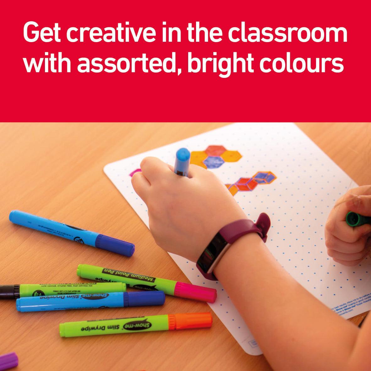 Show-me - Drywipe Markers - Medium Tip - Slim Barrel - Assorted Colours - Box of 50 by Show-me on Schoolbooks.ie