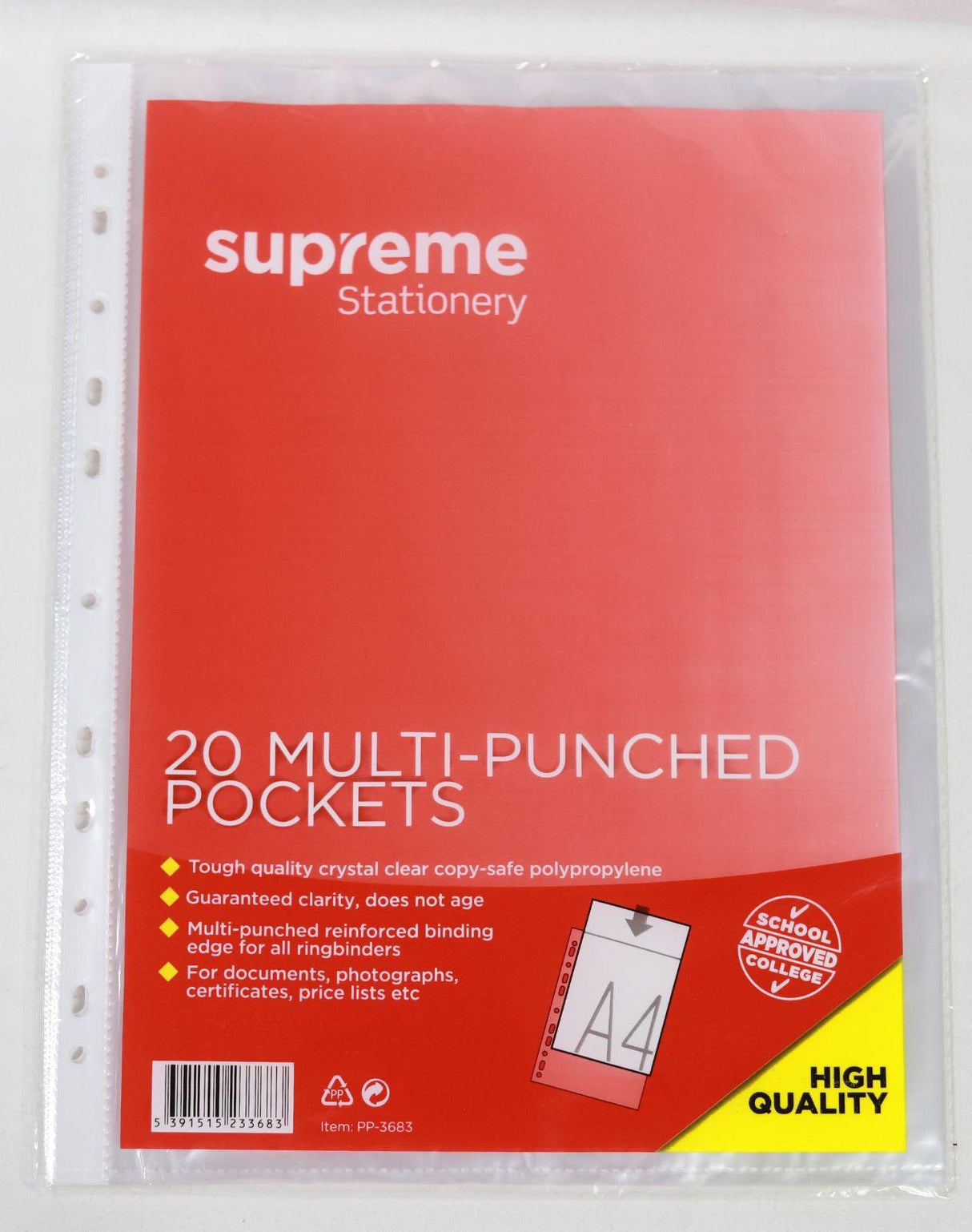 Supreme - Punched Pockets - A4 - Pack of 20 by Supreme Stationery on Schoolbooks.ie