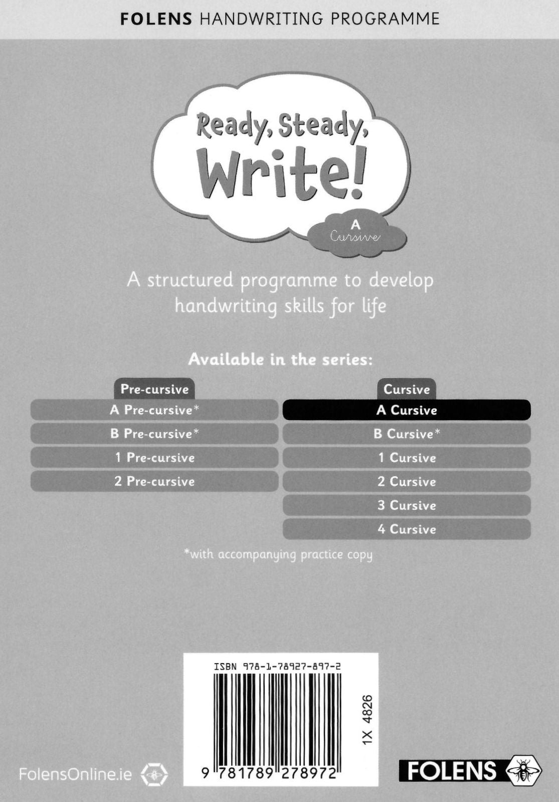Ready, Steady, Write! A - Junior Infants - Cursive - Textbook and Practice Copy Set by Folens on Schoolbooks.ie