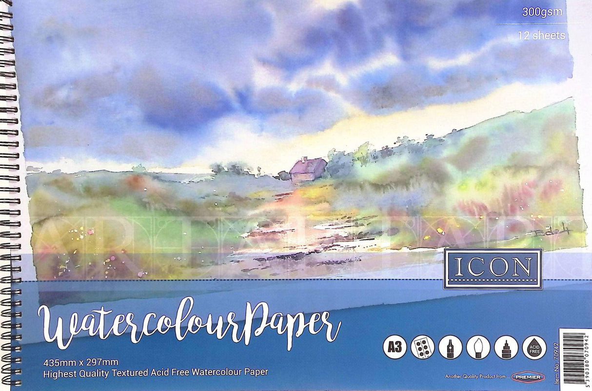 Icon A3 300gsm Wiro Watercolour Pad 12 Sheets by Icon on Schoolbooks.ie