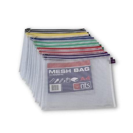 A4 Mesh Bag - Extra Strong with Zipper - Pack of 12 Assorted Colours by NTS on Schoolbooks.ie