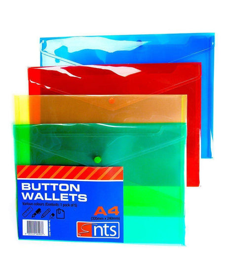 NTS - A4 Button Wallet Assorted Colours - Pack of 5 by NTS on Schoolbooks.ie