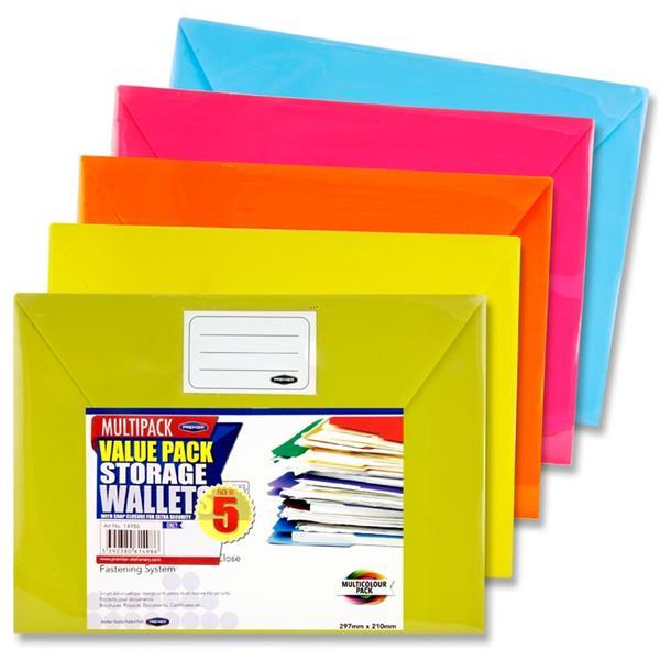 Premier Office Packet of 5 A4 Button Wallets - Bright by Premier Office on Schoolbooks.ie
