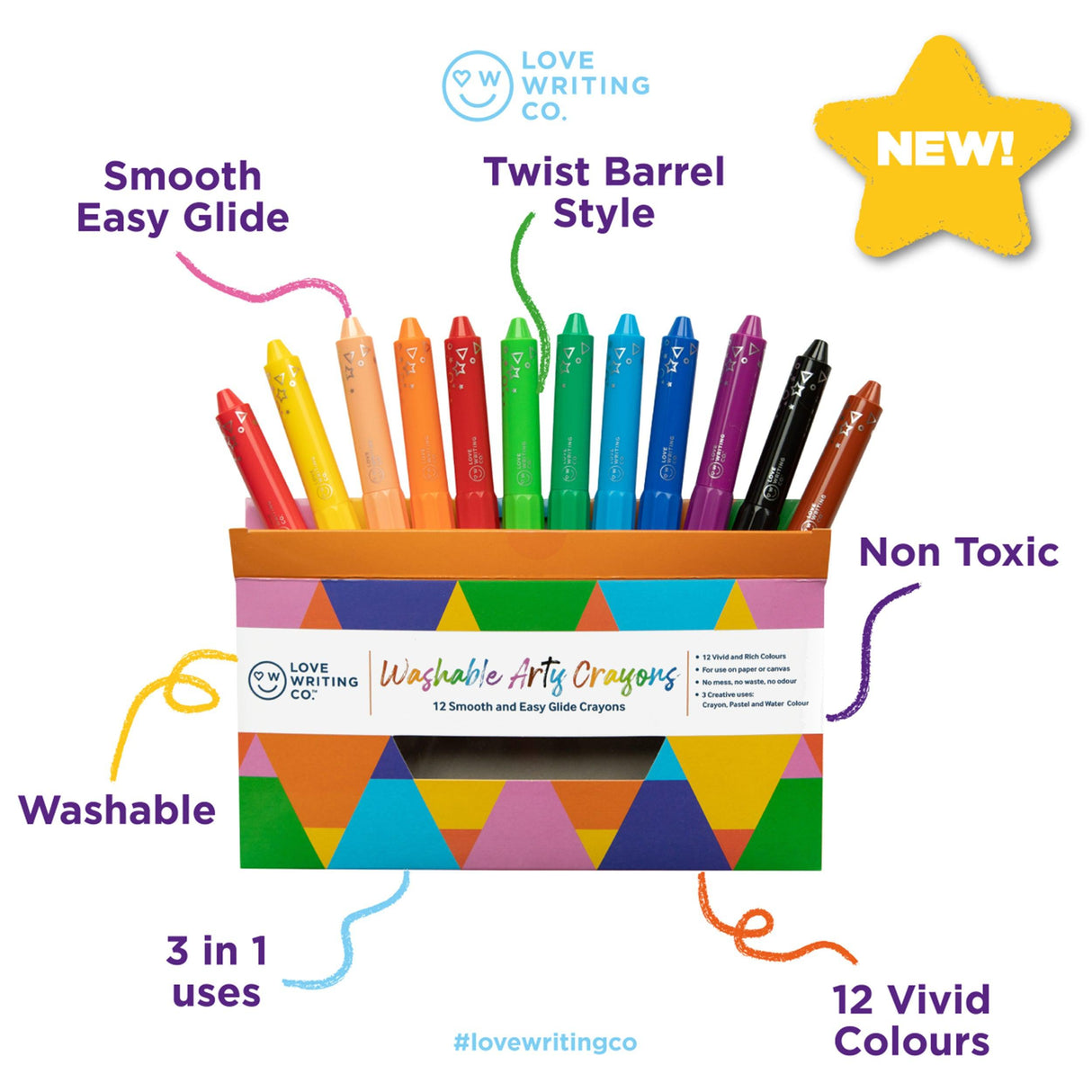 Love Writing Co - 3-in-1 Washable Arty Crayons - Pack of 12 by Love Writing Co. on Schoolbooks.ie