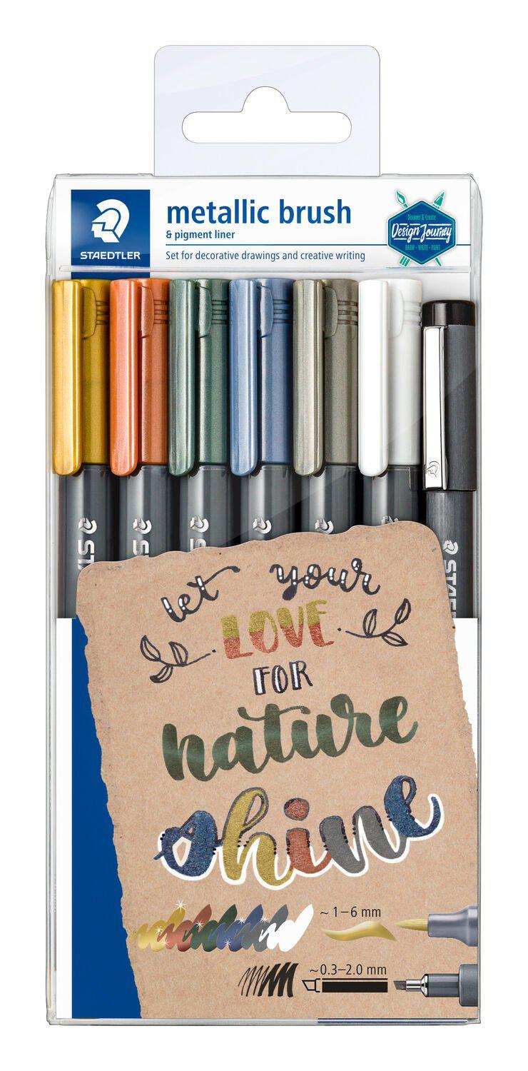 Staedtler - Metallic Brush Pen - Wallet of 7 with Free Pigment Liner by Staedtler on Schoolbooks.ie