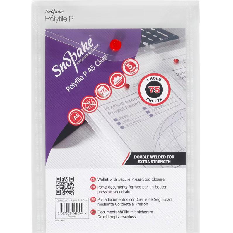 Snopake Polyfile A5 Popper Wallet Files - Pack Of 5 Assorted Color Plastic Document Wallets With Press Stud