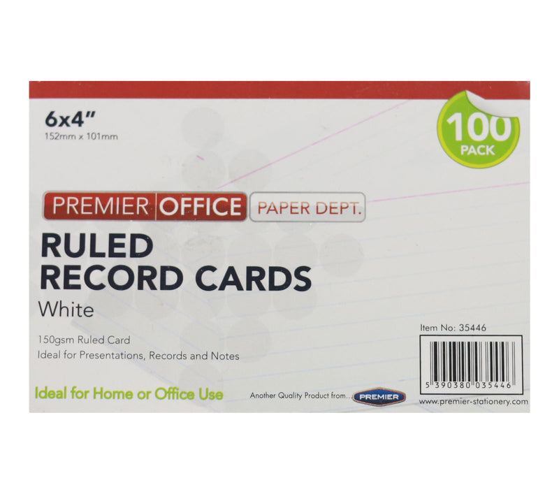 Premier Office Packet of 100 6" x 4" Ruled Record Cards - White by Premier Stationery on Schoolbooks.ie