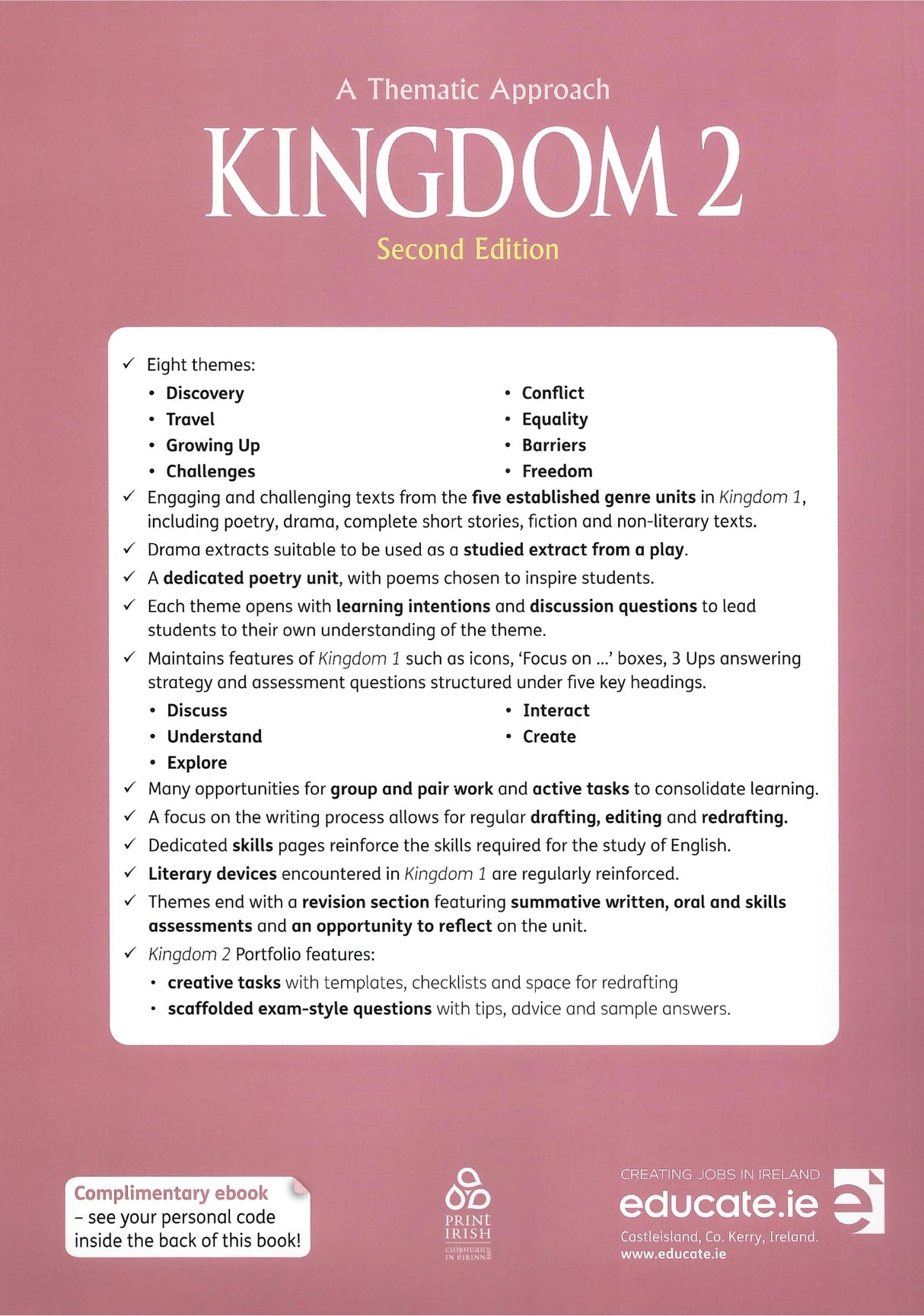 Kingdom 2 - Junior Cycle English - Textbook & Combined Portfolio & Grammar Primer Book Set - 2nd / New Edition (2024) by Educate.ie on Schoolbooks.ie