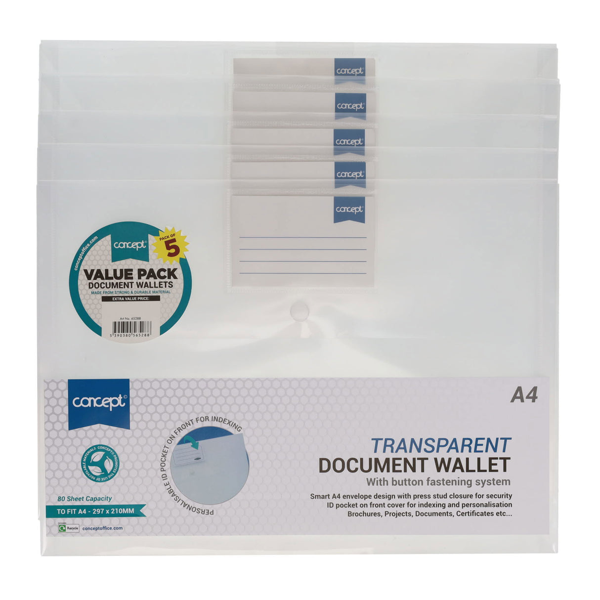 Concept - Button Document Wallets - A4 - Clear - Pack of 5 by Concept on Schoolbooks.ie