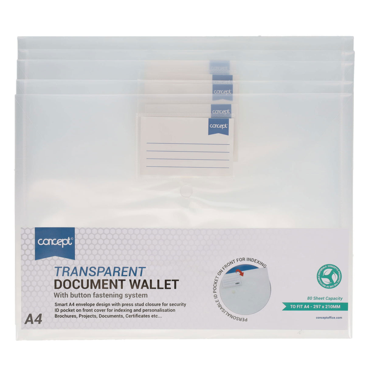 Concept - Button Document Wallets - A4 - Clear - Pack of 5 by Concept on Schoolbooks.ie