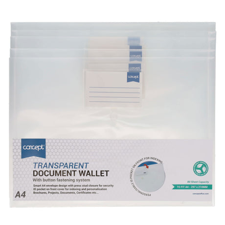 Concept - Button Document Wallets - A4 - Clear - Pack of 5 by Concept on Schoolbooks.ie
