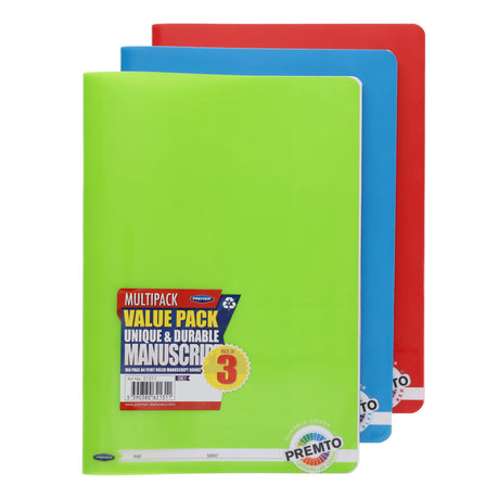 Premto - Packet of 3 x A4 160 page Manuscript Book Durable Cover by Premto on Schoolbooks.ie