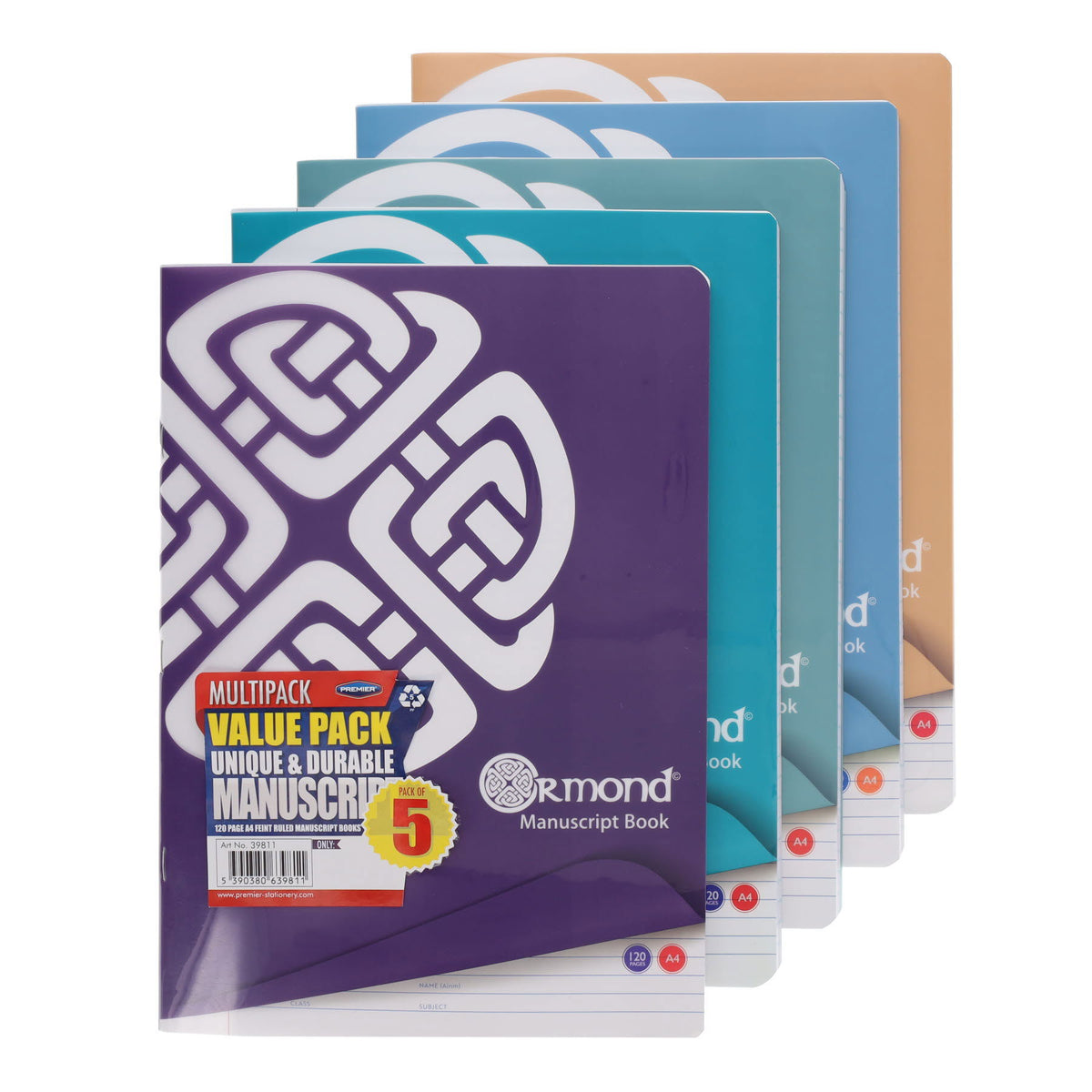 Ormond - Manuscript Book - Durable Cover - A4 - 120 page - Pack of 5 - Asst