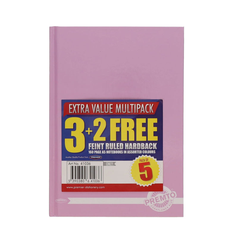 Premto - A5 160 Page Assorted Pastel Hardcover Notebooks - Pack of 3 + 2 Free by Premto on Schoolbooks.ie