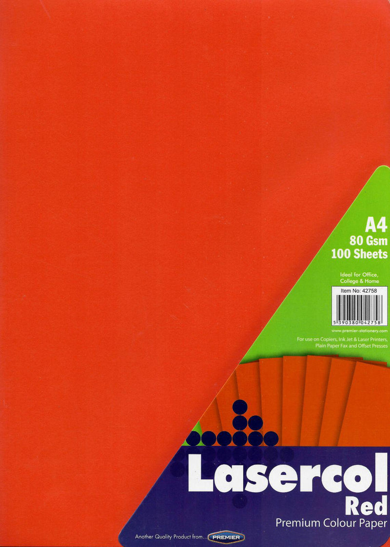 Lasercol A4 80gsm Colour Paper 100 Sheets - Red by Premier Stationery on Schoolbooks.ie