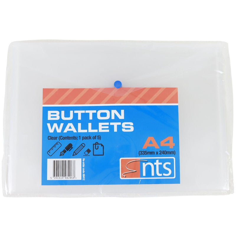 NTS - A4 Button Wallet Clear - Pack of 5 by NTS on Schoolbooks.ie