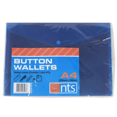 NTS - A4 Button Wallet Assorted Colours - Pack of 5 by NTS on Schoolbooks.ie