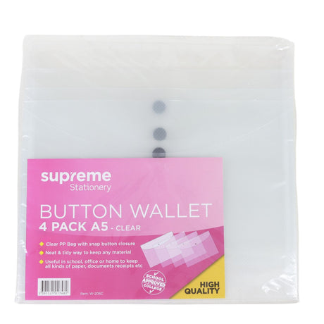 Button Wallet - 4 Pack Clear - A5 by Supreme Stationery on Schoolbooks.ie