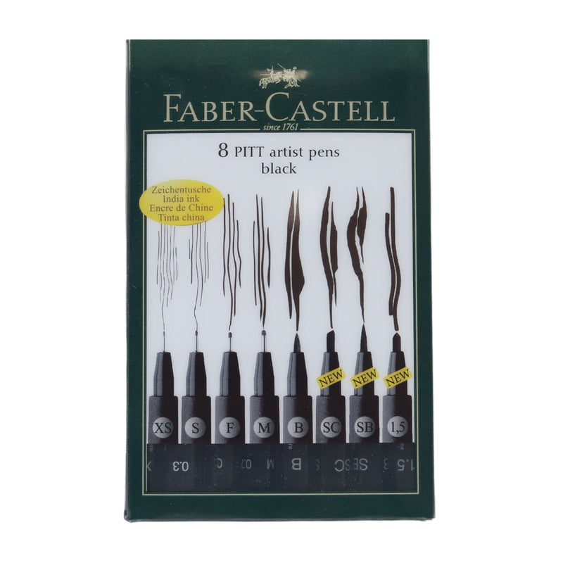 Faber-Castell - Pitt Artist Pen - Black Wallet of 8 (XS, S, F, M, B, C, SC, SB, 1.5) by Faber-Castell on Schoolbooks.ie