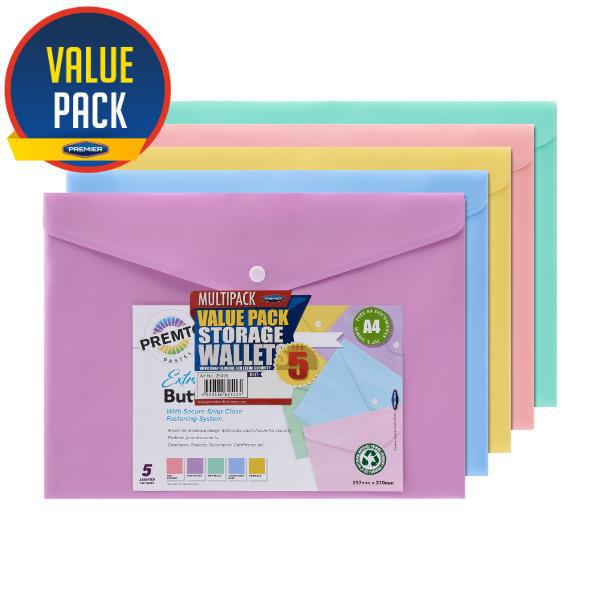 Premto - A4 Button Wallet - Pastel - Pack of 5 by Premto on Schoolbooks.ie