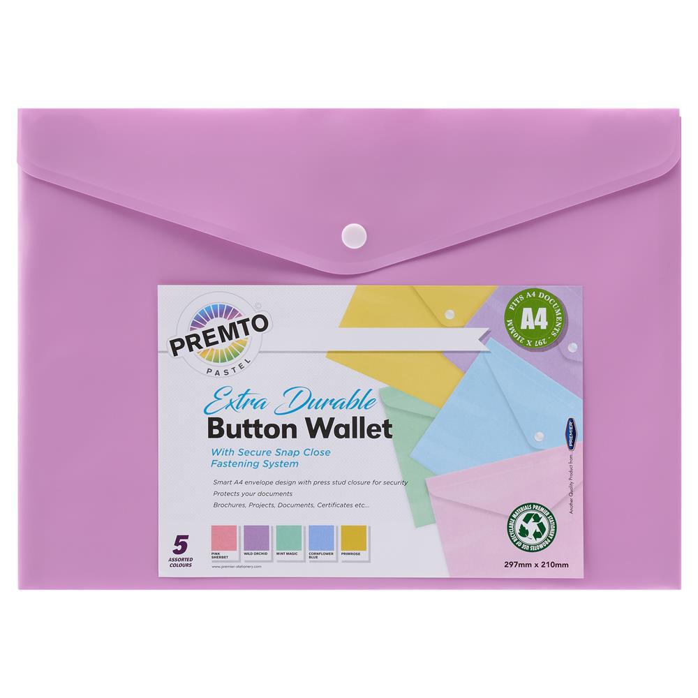 Premto - A4 Button Wallet - Pastel - Pack of 5 by Premto on Schoolbooks.ie