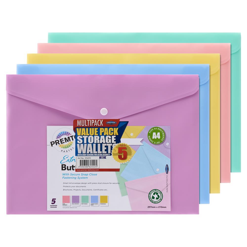 Premto - A4 Button Wallet - Pastel - Pack of 5 by Premto on Schoolbooks.ie