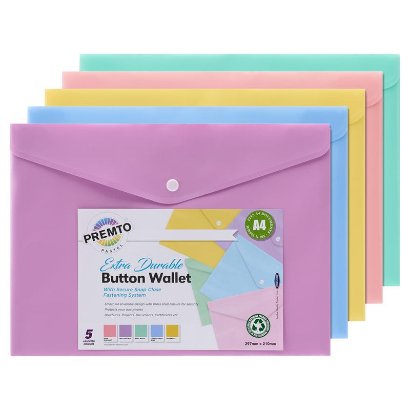 Premto - A4 Button Wallet - Pastel - Pack of 5 by Premto on Schoolbooks.ie