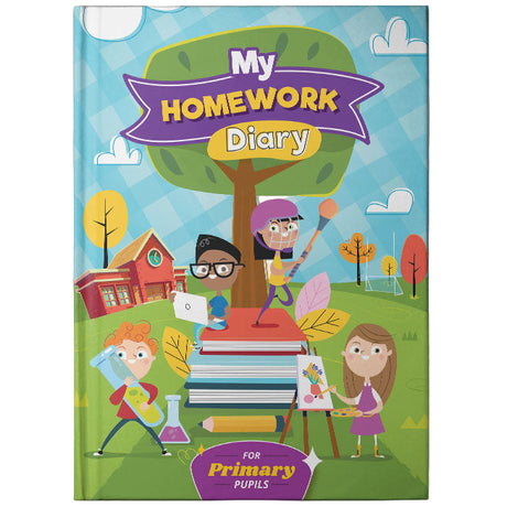 Children's homework diary with cartoon characters and a colorful cover on a white background