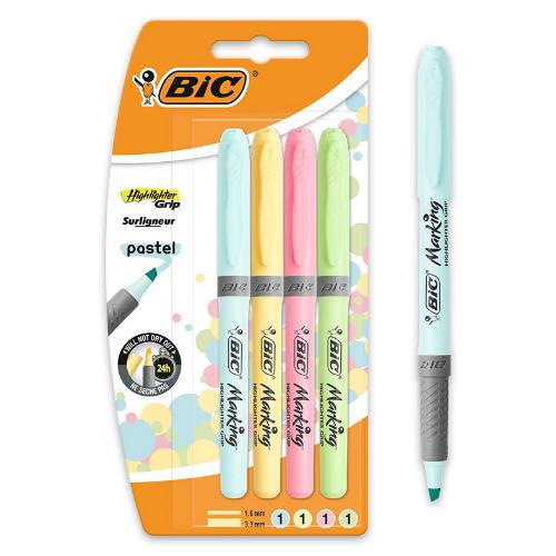 BIC - Card 4 Highlighter Grip Highlighters - Pastel by BIC on Schoolbooks.ie