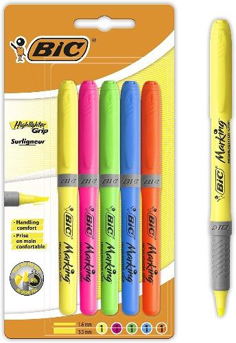BIC - Card 5 Assorted 3.4mm Grip Highlighter Pens by BIC on Schoolbooks.ie