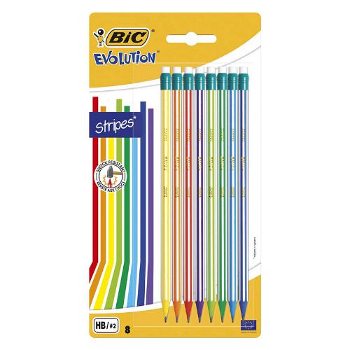 BIC - Card 8 Asst Evolution Pencils & Erasers HB - Stripes by BIC on Schoolbooks.ie