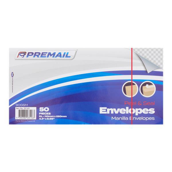 Pack of 50 DL Peel & Seal Envelopes - Manilla by Premier Stationery on Schoolbooks.ie